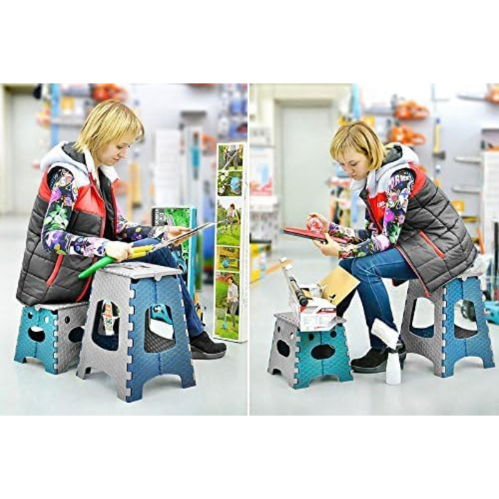 Складний стілець Stark 44 см – табурет до 120 кг, з ручкою, неслизький для кухні, ванної, саду та майстерні, компактний (Сіро-блакитний)