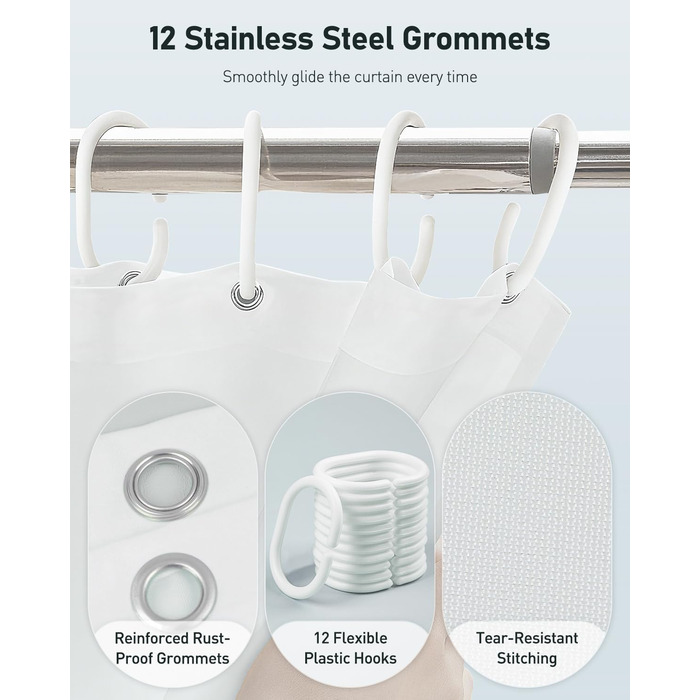 Шторка для душу Uniclife, біла, 180x180 см, тканинна, водонепроникна, з 12 гачками, з обтяженим краєм, для ванни