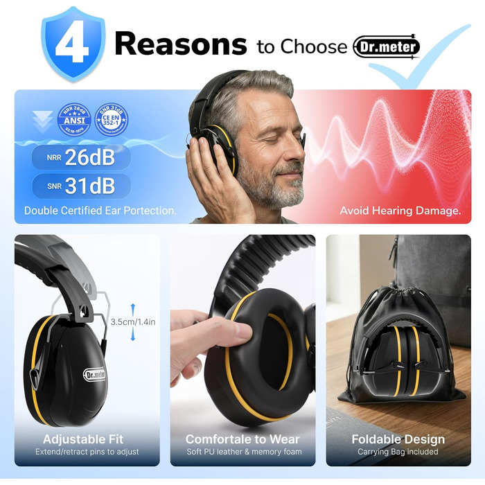 Захисні навушники Dr.meter SNR 31dB: комфортні та регульовані для дорослих, чорно-жовті