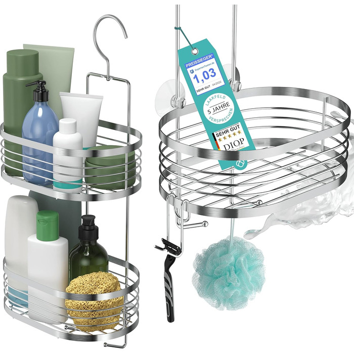 Shower shelf for hanging with 3-fold anti-rust protection incl. free razor holder, suction cups & spacers - Flexible hanging shower basket - Premium hanging shower shelf without drilling