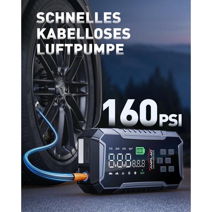 Портативний пусковий пристрій ANFLAG 7000A з компресором та LED-ліхтариком, 26800mAh, для бензинових та дизельних двигунів (до 12.0L)