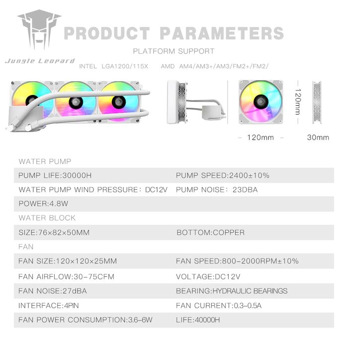 Система водяного охолодження CPU Jungle Leopard TK1 ARGB (240WH) - для Intel LGA115X/1200/1700/1366/2011/2066, AMD FM2/FM2+/AM3+/AM4/AM5