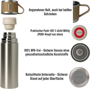 Термос 500 мл з нержавіючої сталі – 2 чашки з ручками – без витоку, BPA-free – з щіткою для чищення – колір: сріблястий