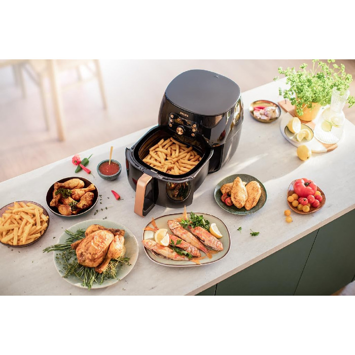 Philips Airfryer XXL with Rapid Air Technology - Hot Air Fryer with 7.3L Capacity, 90% Less Fat, Smart Sensing for Perfect Results, QuickClean, Recipe App, Black/Copper (HD9867/90)