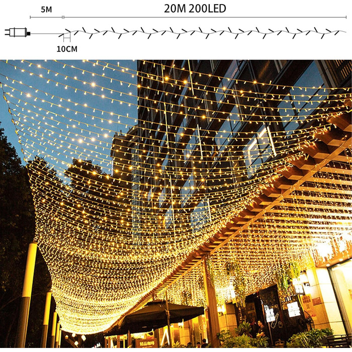 WOWDSGN Льохотна гірлянда для зовнішнього використання 20м, 2-в-1 LED гірлянда (Тепле біле & Класичне кольорове), сертифікований штекер GS, 11 режимів, пульт дистанційного керування та таймер, IP44 вологостійка різдвяна прикраса для саду, балкону, тепле б