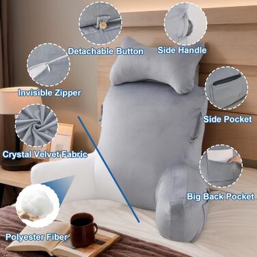 Крісло-мішок для читання, 90 x 80 см, XXL спинка, з підлокітником та знімною подушкою для шиї, сіре