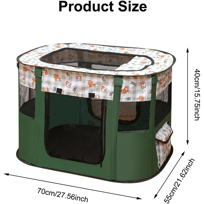 Клітка-манеж для цуценят та тварин, 70x55x40 см. Оксфорд, водовідштовхувальний манеж для собак, кроликів, котів та морських свинок. Для дому та вулиці (темно-зелений)
