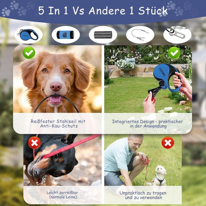 Висувна поводок для собак VTOPVMAX - для середніх та великих собак до 50 кг, міцна висувна стрічка, безпечний кабель, диспенсер для відходів, гальмо однією рукою (білий) (8 м, блакитний)