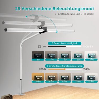 LED лампа для столу Doppelkopf з регулюванням яскравості 24W, 80 см, для офісу та дому, з кліпсою, захист очей, денне світло, з пультом керування, 5 кольорів, 5 рівнів яскравості, офісна лампа