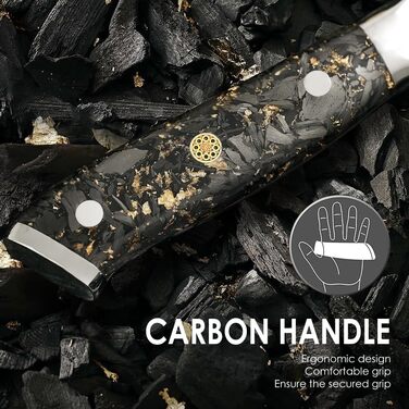 Японський ніж Santoku Kyushublade з дамаської сталі (67 шарів), з унікальною ручкою з карбону та золота, професійний кухонний ніж
