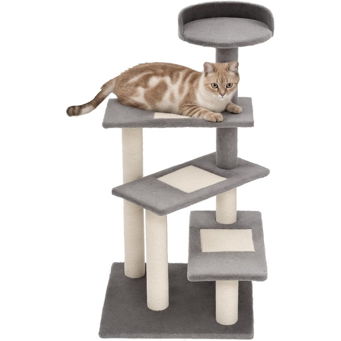 Кігтеточка PawHut для котів 100 см, багатоповерхова, з сизалевих стовпів, велика платформа, для маленьких котів, бежево-сіра