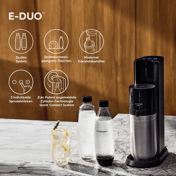 SodaStream E-DUO Titan Family Pack: Газоватор для води з CO2 циліндром та 4 пляшками (1L скло, 2x 1L пластик)