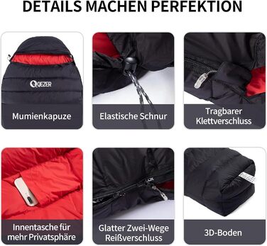 Спальний мішок для дорослих та дітей, зимовий, легкий, для кемпінгу та альпінізму, 650 FP гусячий пух, 500г, чорний, робоча температура -30°C ~ +8°C