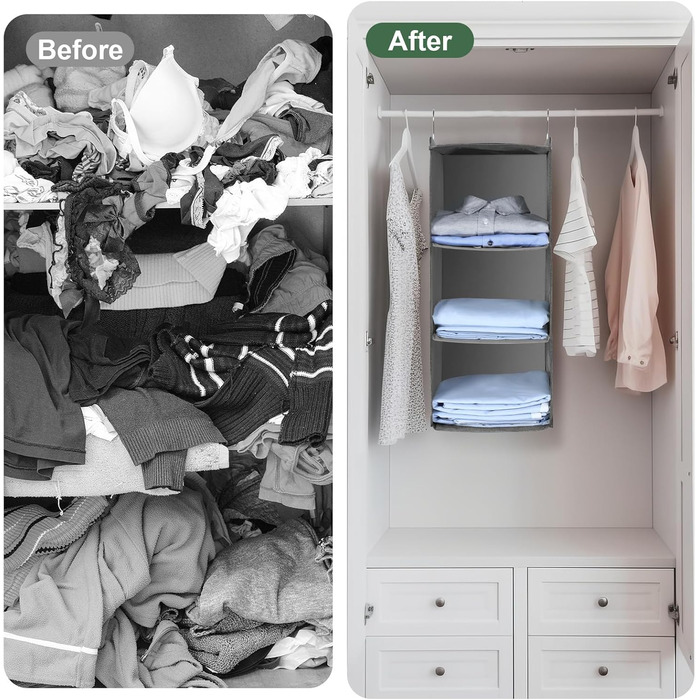 Органайзер для шафи AiQInu з 3 відділеннями, підвісний, бамбуковий, сірий (з гачками)