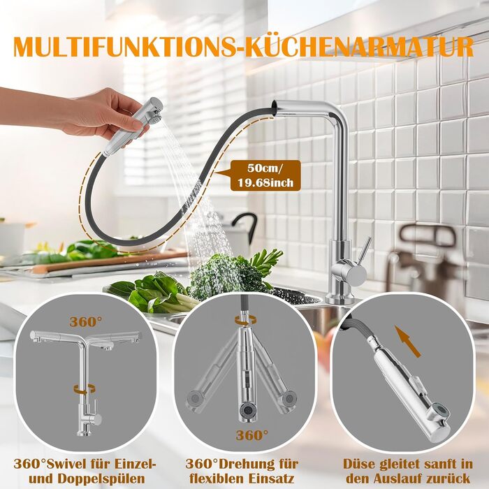 Змішувач кухонний висувний з душем, 360° поворотний, 2 режими розпилення, високий тиск, нержавіюча сталь (срібло)