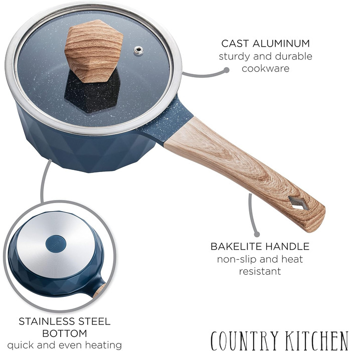 Набір посуду індукційного Country Kitchen 13 предметів, антипригарне покриття, алюміній, бакелітові ручки, скляні кришки, темно-синій (Navy Diamond)