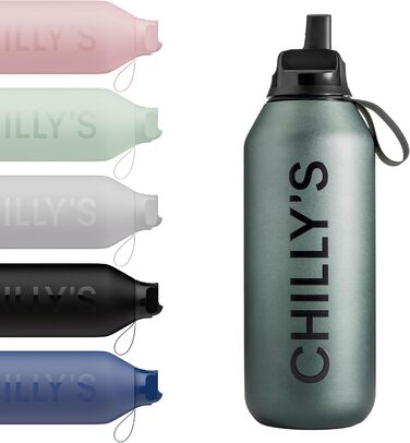 Chilly's Series 2 Flip Bottle - Thermos flask with sports cap, telescopic straw and nylon carry loop - stainless steel bottle with Easy Flip opening, straw cleaning brush included (Ombre - Slate, 500 ml)
