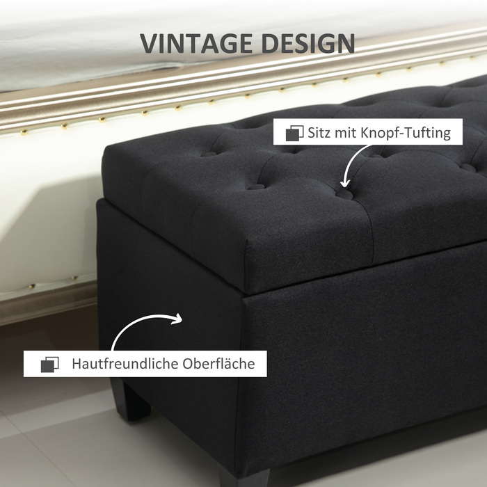 HOMCOM Bench with Cushion, Storage Chest Bench, Entryway, Bedroom, Living Room, Linen-like Polyester, Rubberwood, Black, 100 x 40 x 44 cm | Aosom