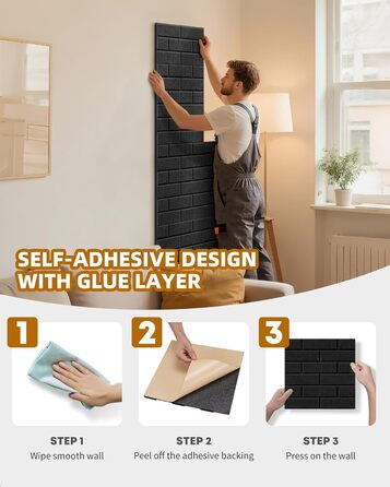 Акустичні панелі Jamelo 3D цегла, самоклеючі панелі для звукоізоляції та декору стін (30x30x0,9 см, чорні, 12 шт.) для студії, спальні та офісу