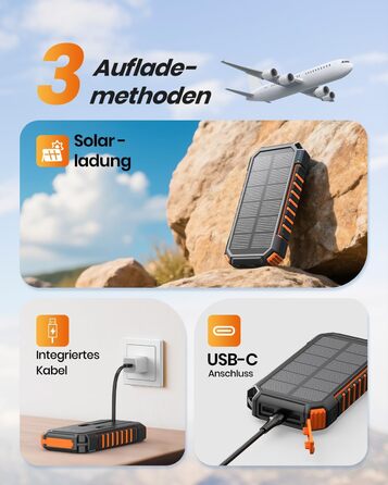 Power Bank Fandealo 27000mAh з сонячною панеллю – 22,5W, PD, QC 3.0, USB-C, 2 кабелі, 2 ліхтарики, для смартфонів, планшетів, кемпінгу