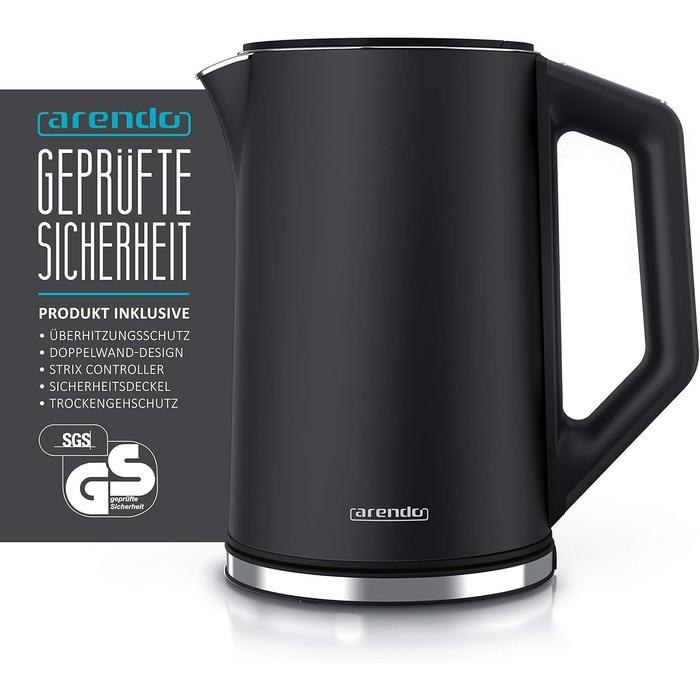 Arendo - Stainless Steel Kettle with Temperature Setting 40-100 Degrees in 5-Degree Increments - Double-Walled Design - Model ELEGANT - 1.5 Liter - 2200 W - Tea Kettle with Temperature Indicator - GS - Black