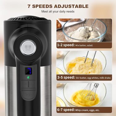 Бездротовий міксер з цифровим дисплеєм, 7 швидкостей, акумуляторний, з 6 насадками з нержавіючої сталі (міксер, вінчик, гачок для тіста) та підставкою для зберігання