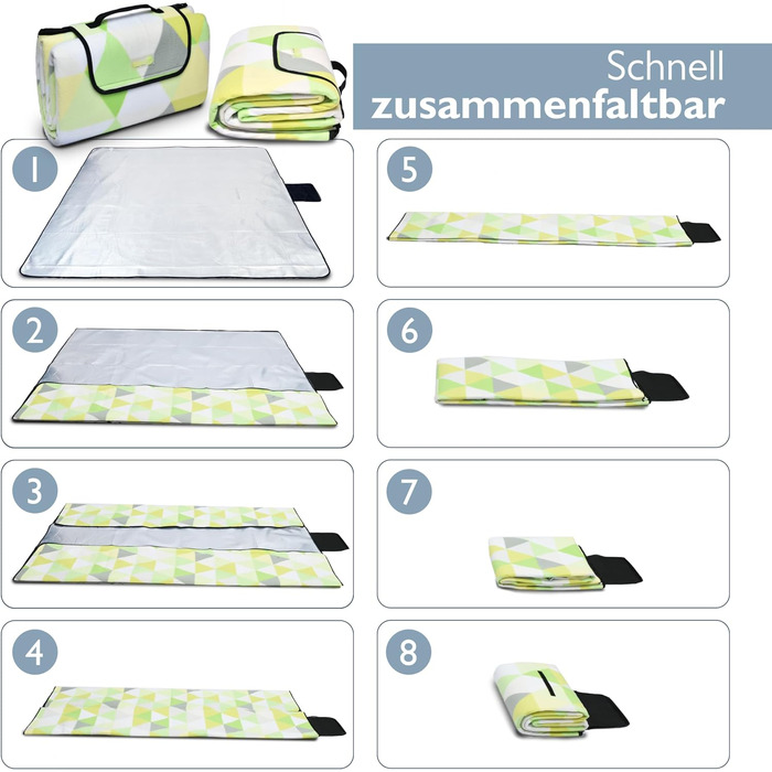 Beautissu XXL Плед для пікніка, водовідштовхувальний, ізольований, 200x200 см, сірий/зелений. Підходить для пляжу, кемпінгу, відпочинку на природі.