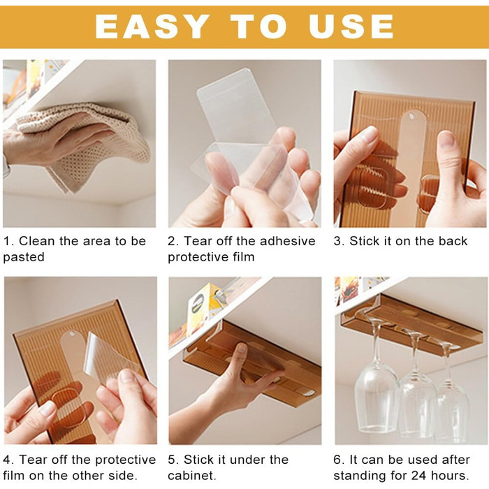 Підвісні тримачі для келихів вина Geoyien (4 шт.), без свердління, міцна конструкція, економія місця (колір: коричневий, розмір: 25,8*11*2,4 см)