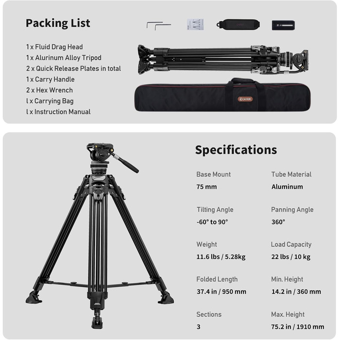 Штатив відео Cayer FA310H з моноподом K10 та рідкосильним кріпленням - швидкозатискачі ніг, швидке регулювання, вантажопідйомність 10 кг, алюміній, 2 швидкознімні пластини, ручка для переноски - для DSLR, бездзеркальних камер, відеокамер