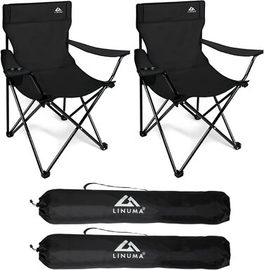 LINUMA® 2 шт. Складний стілець для риболовлі та кемпінгу - чорний, з підстаканником та сумкою для перенесення. Стілець для відпочинку, саду, риболовлі.
