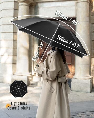 Чакіпі Регульований парасолька великого розміру, стійкий до сильного вітру, з відбиваючим покриттям, для чоловіків та жінок – автоматичний парасолька-тростина, компактний, для подорожей, чорний, покриття 210T, діаметр 106 см