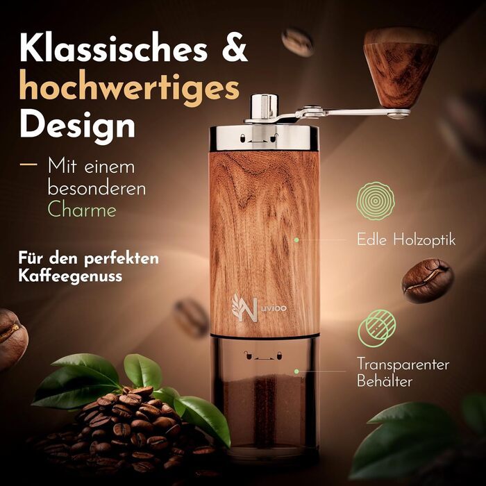 Ручна кавомолка Nuvioo з керамічним жорном, 8 ступенів помолу - для еспресо, кави, кемпінгу та відпочинку на природі