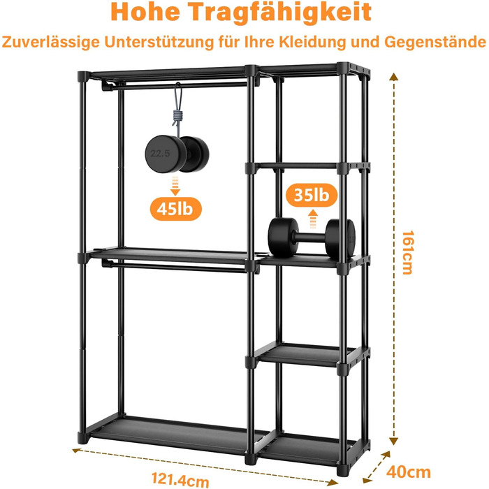 Відкритий шафа для одягу Mavivegue з 4 полицями та вішалкою, чорний - 40x121x161 см