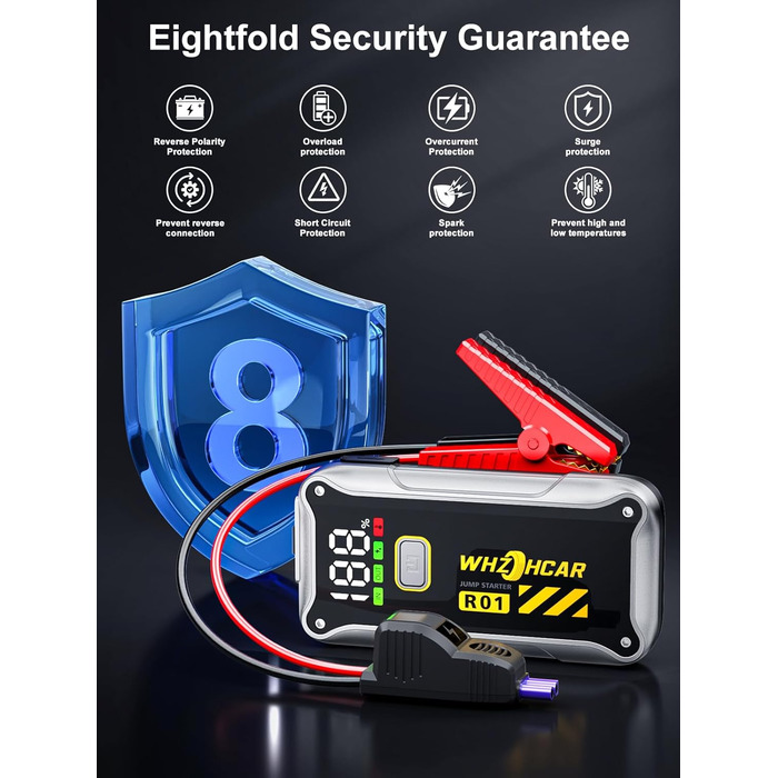 Powerbank Starthilfe 4000A: портативний пусковий пристрій для автомобіля 12V з LCD дисплеєм та LED ліхтариком. Підходить для бензинових (9.0L) та дизельних (7.5L) двигунів. Ідеально для SUV, мотоциклів та газонокосарок. Чорний колір.