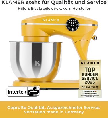 Кухонний комбайн KLAMER 1800W, планетарний міксер для тіста з чашею з нержавіючої сталі 6л (Premium Yellow)