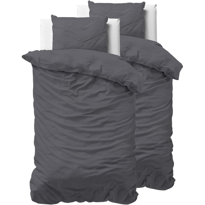 Комплект постільної білизни Sleeptime 100% бавовна 240x220 см, біло-сірий, м'який та не потребує прасування, двосторонній, з кнопками, з 2 наволочками 60x70 см, 4 предмети, антрацит