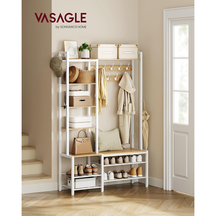 VASAGLE Coat Rack with Shoe Bench, Coat Stand, 5 Shelf Levels made of Particleboard, 9 Triple Hooks, 6 Side Hooks, 40 x 120 x 190 cm, Stone Grey-Ink Black HSR426B04 (Golden Oak + Cloud White)