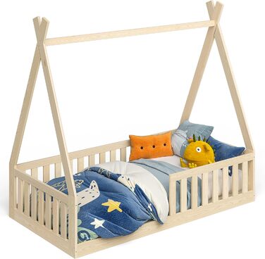 Bellabino Tajo Children's Bed Base 80x160 cm, House Bed made of Solid Pine Wood with Fall Protection/Rail and Slatted Frame in Natural for Children from 3 Years