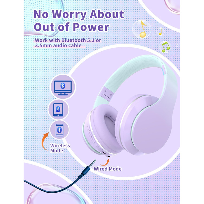 Xunpuls Бездротові навушники для дітей Bluetooth Over-Ear з мікрофоном (фіолетові)