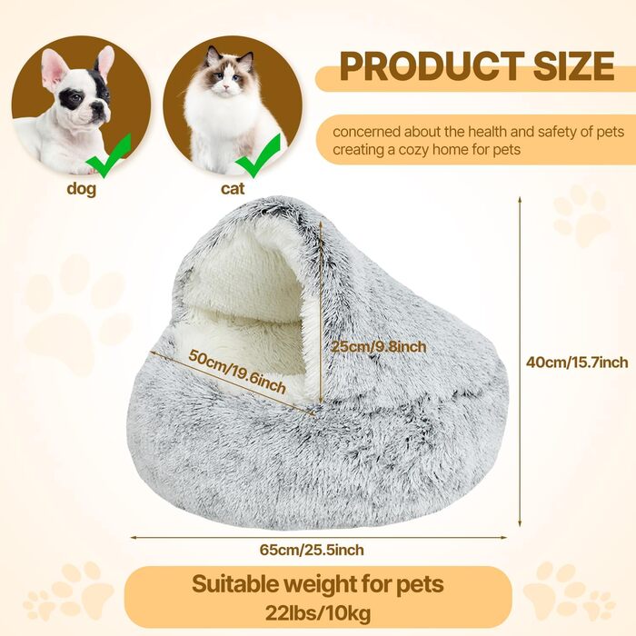YAGE Soothing Cat Bed, Fluffy Plush Kitten Bed, Washable Anti-Anxiety Puppy Bed, Pet Bed for Small Dogs Soft Warm Donut Cat Sleeping Bag. No.: 015002802-0001 (L 65 x W 65 x H 40 cm, gray)
