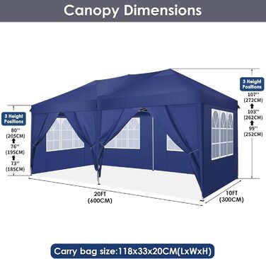 COBIZI Pavilion - Waterproof, Stable, Winter-Proof, Foldable, Pop-Up Party Tent, Garden Pavilion for Beach Wedding, with 4 Side Panels, UV Protection 50+, Adjustable Height (Navy Blue, 3x6m)