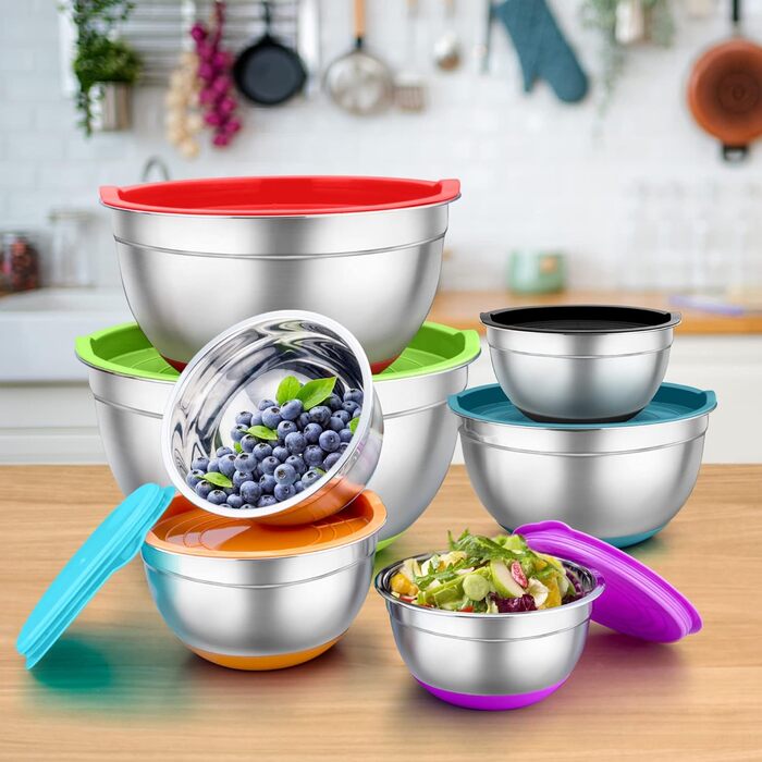 TEAMFAR Mixing Bowl Set, 7-Piece Stainless Steel Bowl Salad Bowl Set with Airtight Lids and Silicone Bottom, Nesting & Dishwasher Safe, 0.7L / 1.2L / 1.5L / 2.5L / 2.8L / 3.5L / 6.5L, assorted colors