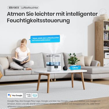 Зволожувач повітря EZBASICS Smart з верхнім заповненням 6L, 360° поворотна насадка, зволожувач та аромадифузор для дитячої кімнати, рослин, з програмою та голосовим керуванням, 1 упаковка + 7 нічників