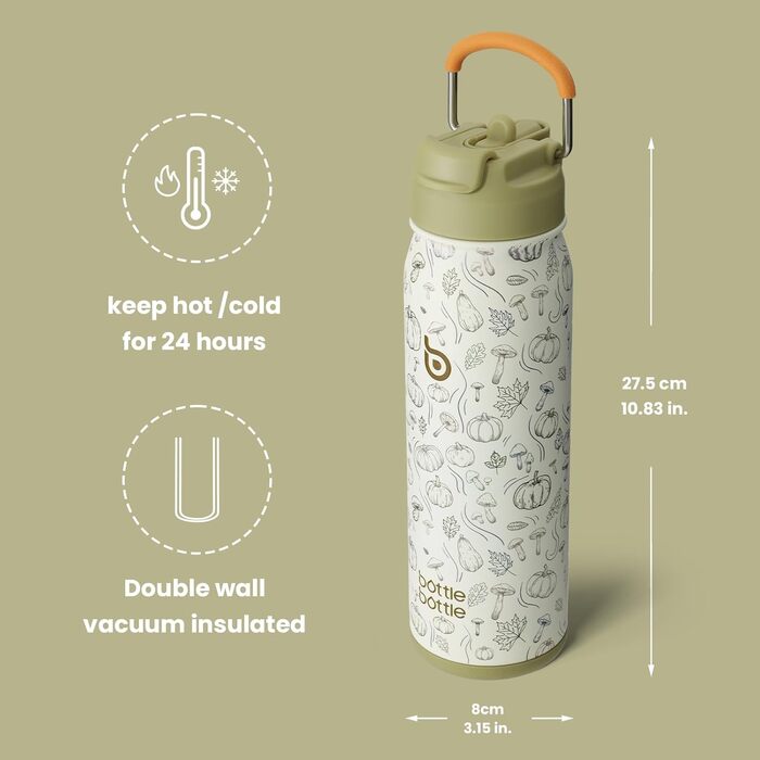 BOTTLE BOTTLE Stainless Steel Water Bottle 24oz (709ml) with Straw Handle and Pill Compartment for Outdoor School, Insulated Sports Bottle (Pumpkin)