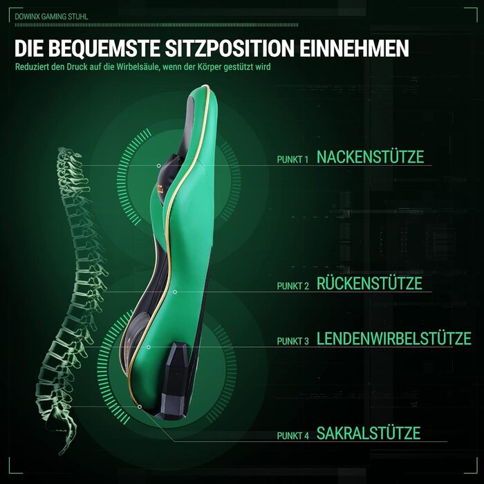 Ігровий крісло Dowinx з підлокітниками 4D та підніжкою - ергономічний геймерський стілець, 150 кг (зелений)