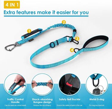 Тактична повідок для собак AUBELL, міцна, світловідбиваюча, без натягу, з амортизатором, для середніх та великих собак, з м'якою ручкою, страхувальний ремінь для авто, поворот на 360°, зелений (M-L, синій)