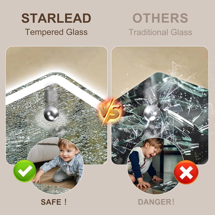 Дзеркало для ванної кімнати зі підсвічуванням STARLEAD 100x70 см з Bluetooth, антизапотівання, регулювання яскравості, 3 кольори світла, пам'ять, IP44, LED, горизонтальне/вертикальне, HD скло, Madrid Silver (M3015)