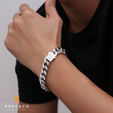 Чоловічий браслет KRKC&CO, кубинське плетиво, 18 мм, Miami Iced Out, кубинське панцерне з'єднання, 18-каратне золото, міцний, Urban Streetwear, браслет у стилі хіп-хоп для чоловіків (срібний, 12 мм, 22.9 см)