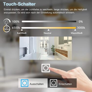 MIQU LED дзеркало для ванної кімнати з підсвічуванням 60x50 см, велике дзеркало для ванної кімнати з сенсорним регулюванням, антизапар, 3 кольори світла, для ванної, туалету, коридору