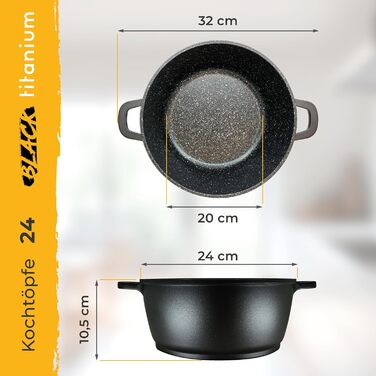 Каструля Brabie Black Titanium 24 см з титановою підкладкою, антипригарне покриття, склокришка, ручки з силікону, для плити (індукція, газ, склокераміка), духовка